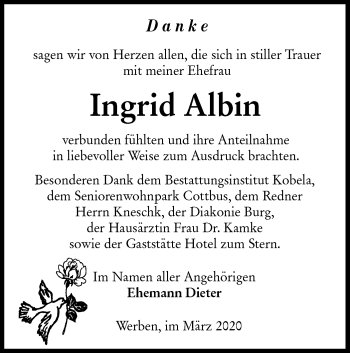 Traueranzeige von Ingrid Albin von lausitzer_rundschau