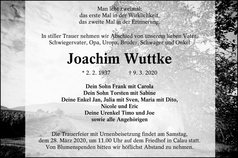  Traueranzeige für Joachim Wuttke vom 21.03.2020 aus lausitzer_rundschau