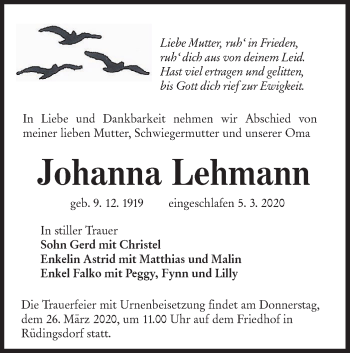 Traueranzeige von Johanna Lehmann von lausitzer_rundschau