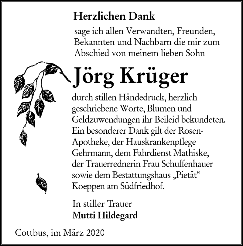  Traueranzeige für Jörg Krüger vom 07.03.2020 aus lausitzer_rundschau