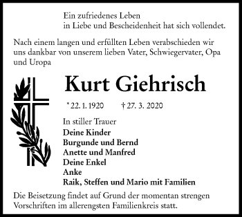 Traueranzeige von Kurt Giehrisch von lausitzer_rundschau