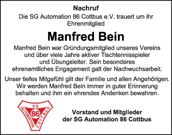 Traueranzeige von Manfred Bein von lausitzer_rundschau