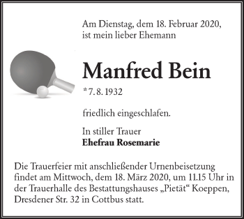 Traueranzeige von Manfred Bein von lausitzer_rundschau