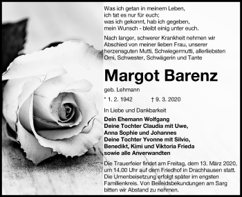 Traueranzeige von Margot Barenz von lausitzer_rundschau