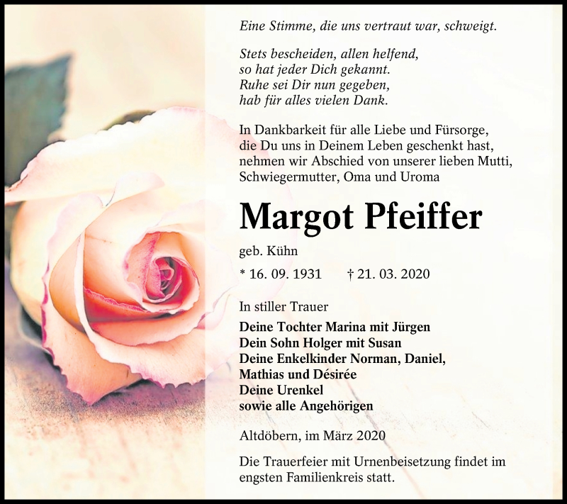  Traueranzeige für Margot Pfeiffer vom 28.03.2020 aus lausitzer_rundschau