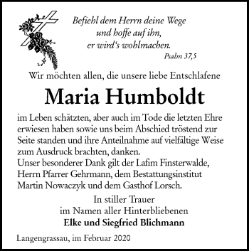 Traueranzeige von Maria Humboldt von lausitzer_rundschau