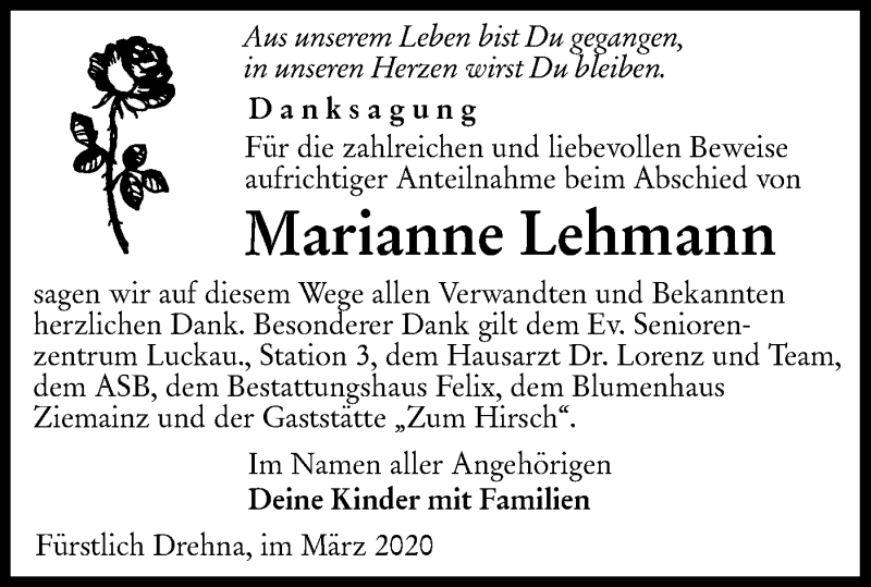  Traueranzeige für Marianne Lehmann vom 21.03.2020 aus lausitzer_rundschau