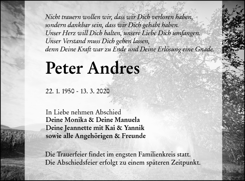  Traueranzeige für Peter Andres vom 21.03.2020 aus lausitzer_rundschau