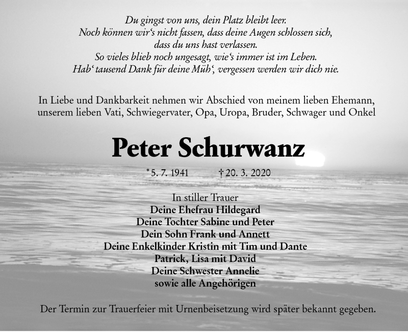  Traueranzeige für Peter Schurwanz vom 27.03.2020 aus lausitzer_rundschau
