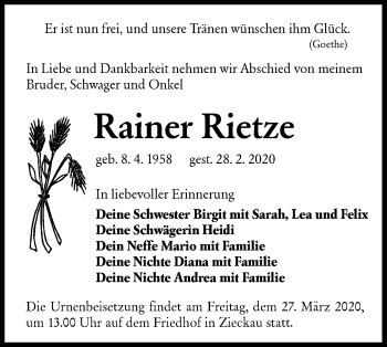 Traueranzeige von Rainer Rietze von lausitzer_rundschau