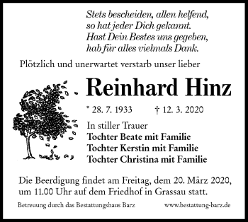 Traueranzeige von Reinhard Hinz von lausitzer_rundschau