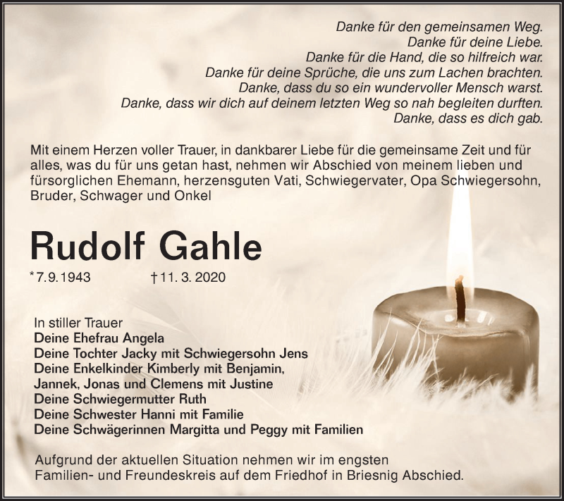  Traueranzeige für Rudolf Gahle vom 21.03.2020 aus lausitzer_rundschau