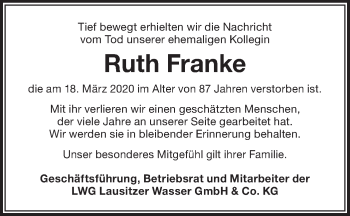 Traueranzeige von Ruth Franke von lausitzer_rundschau