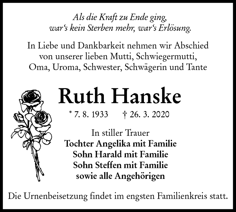  Traueranzeige für Ruth Hanske vom 31.03.2020 aus lausitzer_rundschau