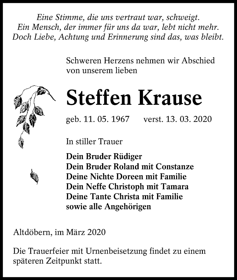  Traueranzeige für Steffen Krause vom 25.03.2020 aus lausitzer_rundschau