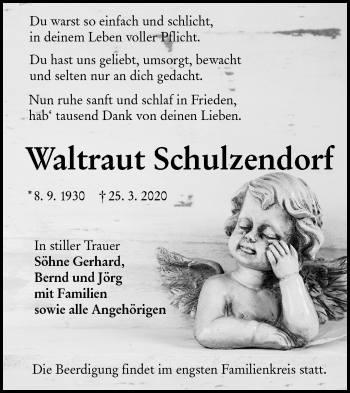 Traueranzeige von Waltraut Schulzendorf von lausitzer_rundschau