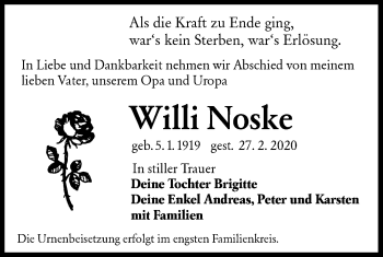 Traueranzeige von Willi Noske von lausitzer_rundschau