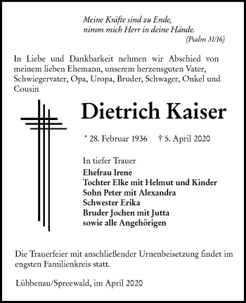 Traueranzeige von Dietrich Kaiser von lausitzer_rundschau