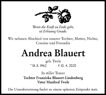 Traueranzeige von Andrea Blauert von lausitzer_rundschau