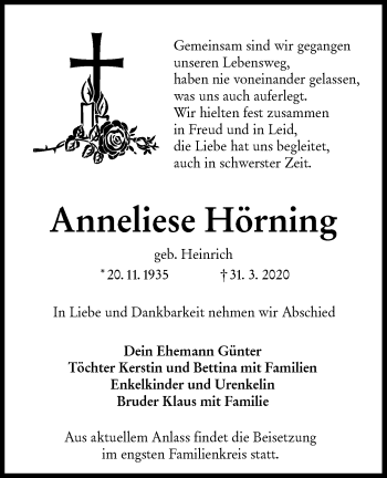 Traueranzeige von Anneliese Hörning von lausitzer_rundschau
