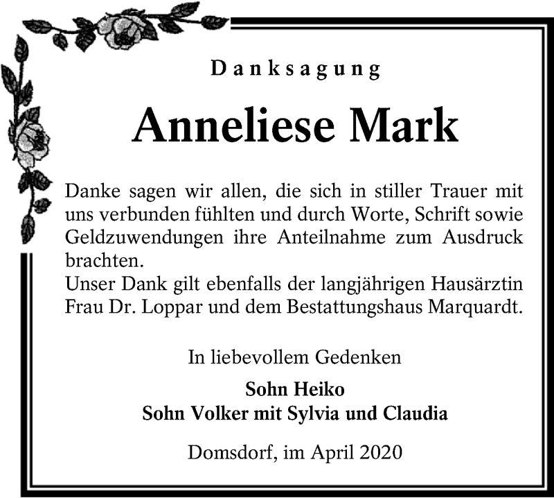  Traueranzeige für Anneliese Mark vom 18.04.2020 aus lausitzer_rundschau