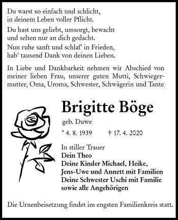 Traueranzeige von Brigitte Böge von lausitzer_rundschau