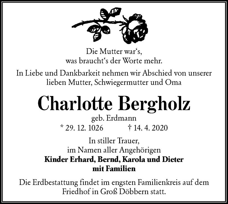  Traueranzeige für Charlotte Bergholz vom 18.04.2020 aus lausitzer_rundschau