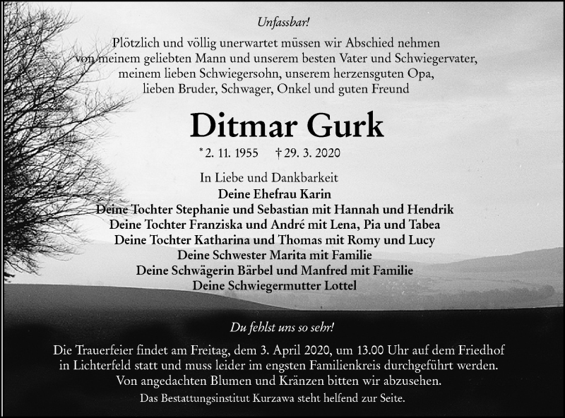  Traueranzeige für Ditmar Gurk vom 01.04.2020 aus lausitzer_rundschau
