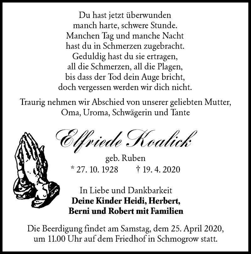  Traueranzeige für Elfriede Koalick vom 22.04.2020 aus lausitzer_rundschau
