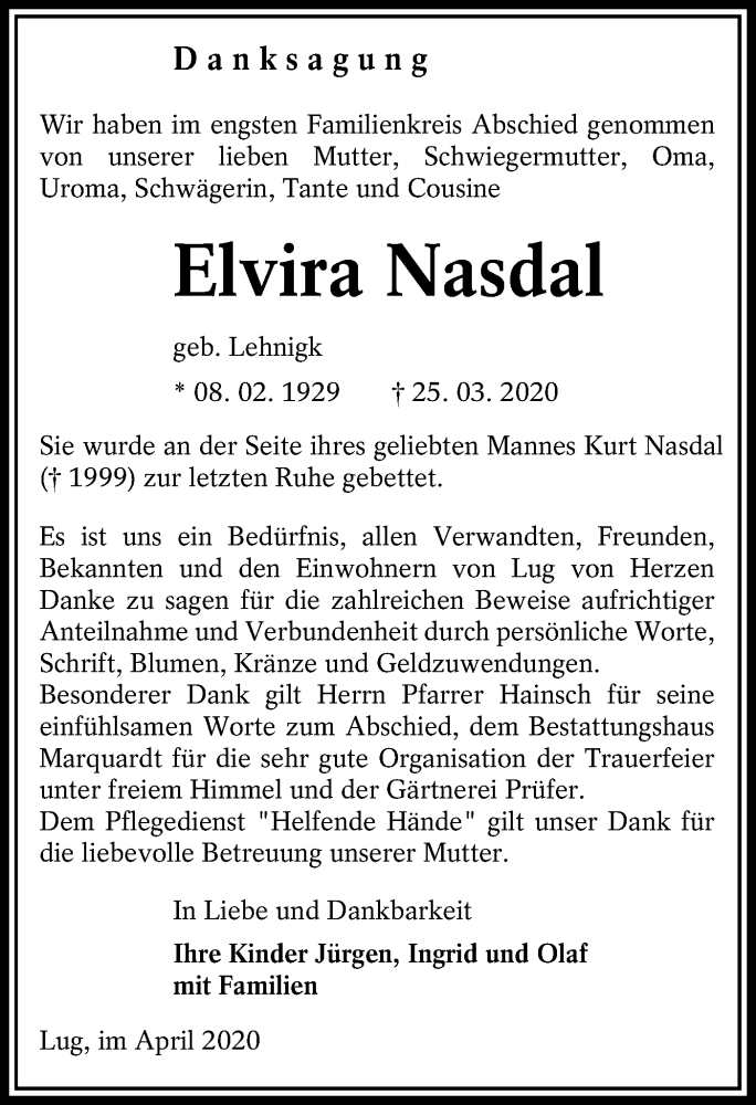  Traueranzeige für Elvira Nasdal vom 11.04.2020 aus lausitzer_rundschau