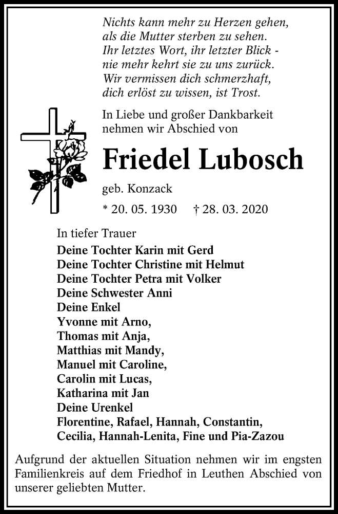  Traueranzeige für Friedel Lubosch vom 01.04.2020 aus lausitzer_rundschau