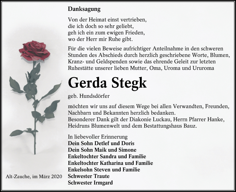  Traueranzeige für Gerda Stegk vom 04.04.2020 aus lausitzer_rundschau