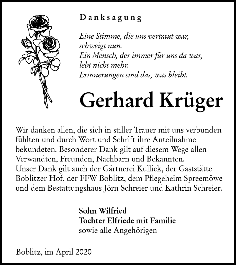  Traueranzeige für Gerhard Krüger vom 04.04.2020 aus lausitzer_rundschau