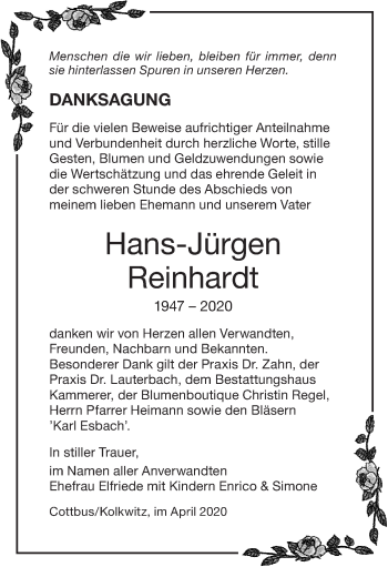 Traueranzeige von Hans-Jürgen Reinhardt von lausitzer_rundschau
