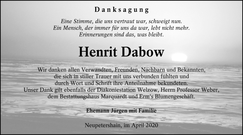  Traueranzeige für Henrit Dabow vom 11.04.2020 aus lausitzer_rundschau