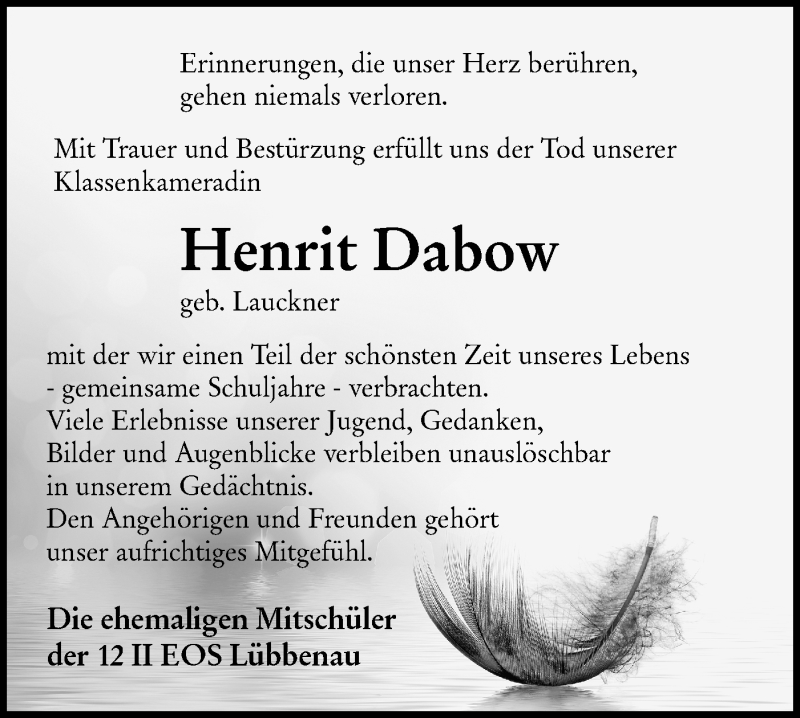  Traueranzeige für Henrit Dabow vom 04.04.2020 aus lausitzer_rundschau