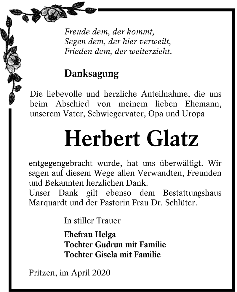 Traueranzeige für Herbert Glatz vom 18.04.2020 aus lausitzer_rundschau