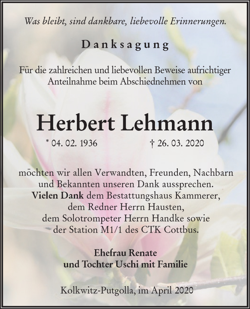  Traueranzeige für Herbert Lehmann vom 11.04.2020 aus lausitzer_rundschau