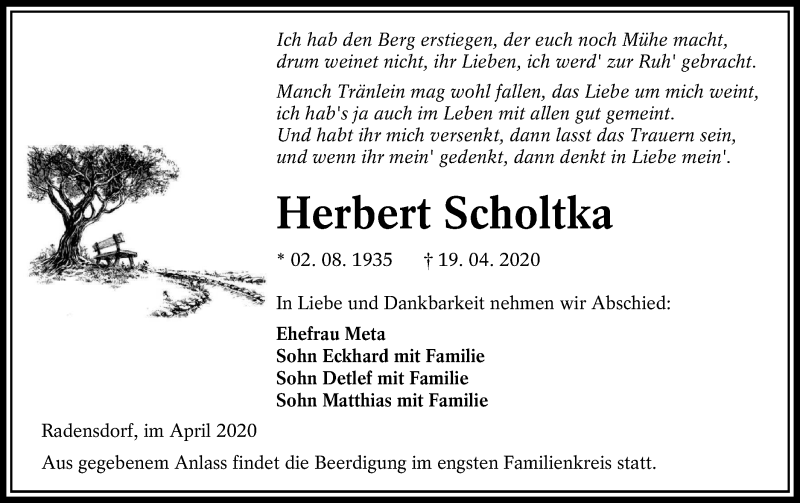  Traueranzeige für Herbert Scholtka vom 25.04.2020 aus lausitzer_rundschau