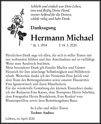 Traueranzeige von Hermann Michael von lausitzer_rundschau