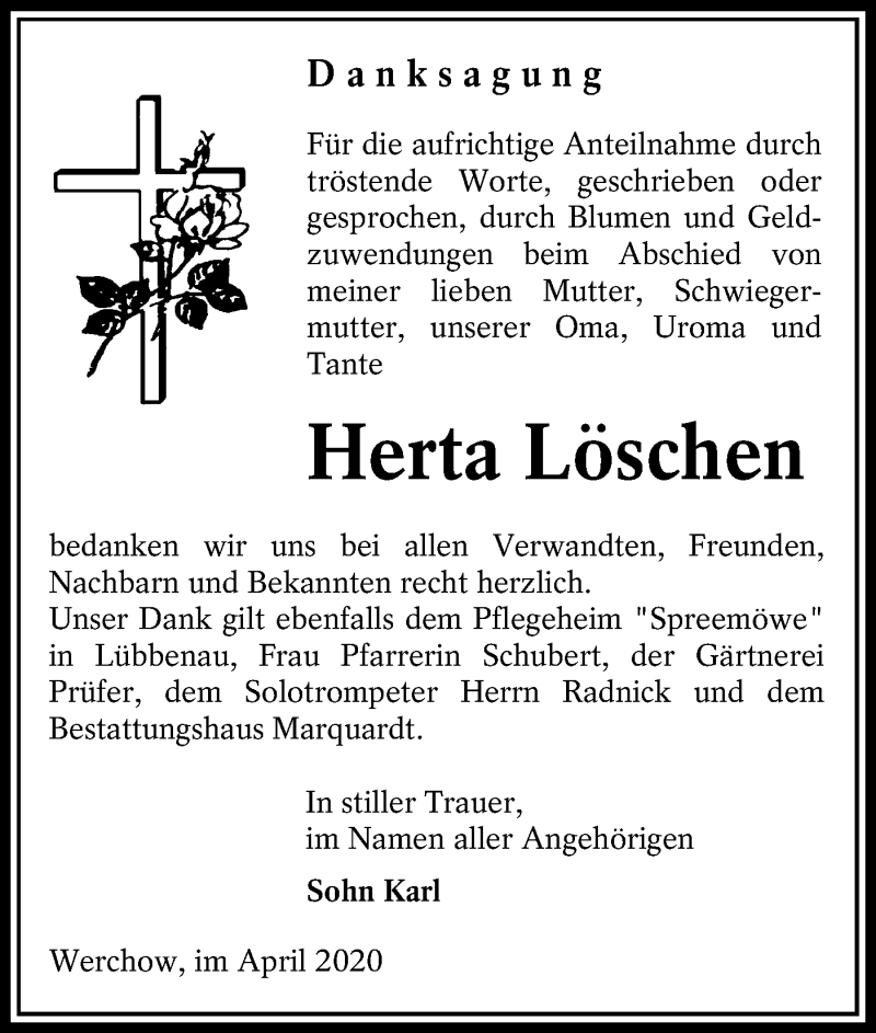  Traueranzeige für Herta Löschen vom 25.04.2020 aus lausitzer_rundschau