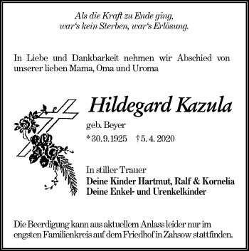 Traueranzeige von Hildegard Kazula von lausitzer_rundschau