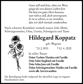 Traueranzeige von Hildegard Koppatz von lausitzer_rundschau