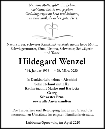 Traueranzeige von Hildegard Wenzel von lausitzer_rundschau