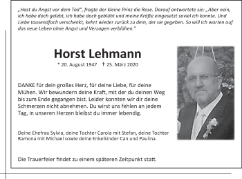 Traueranzeige von Horst Lehmann von lausitzer_rundschau