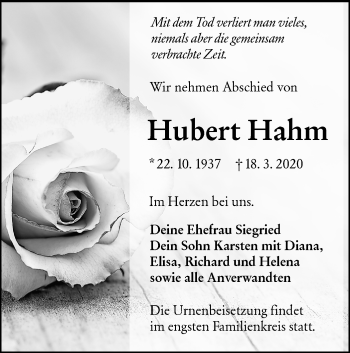 Traueranzeige von Hubert Hahm von lausitzer_rundschau