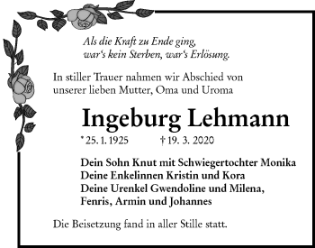 Traueranzeige von Ingeburg Lehmann von lausitzer_rundschau