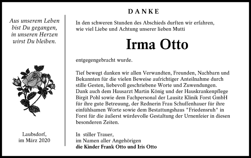  Traueranzeige für Irma Otto vom 04.04.2020 aus lausitzer_rundschau