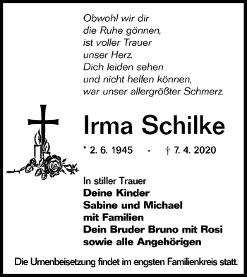 Traueranzeige von Irma Schilke von lausitzer_rundschau