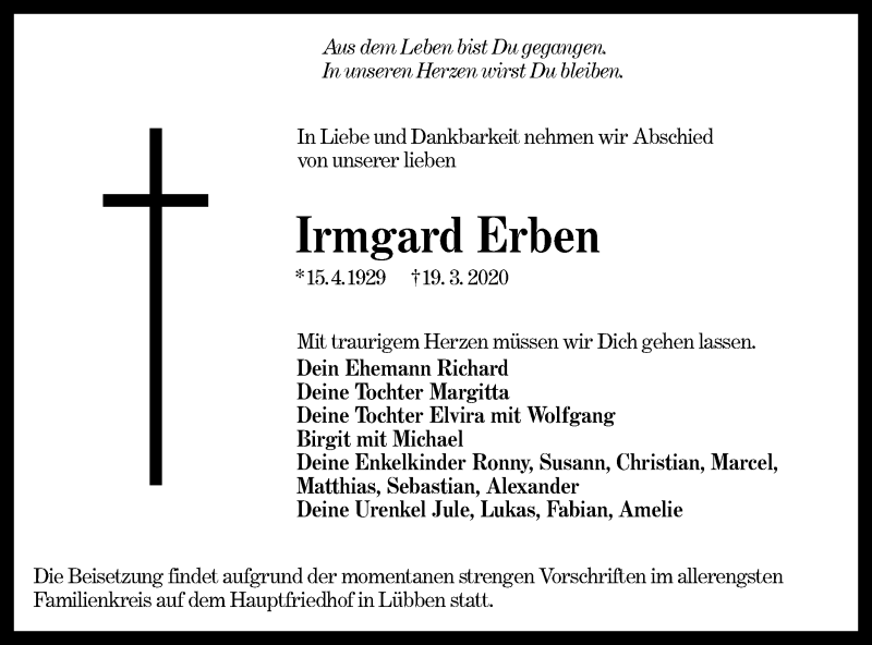 Traueranzeige für Irmgard Erben vom 11.04.2020 aus lausitzer_rundschau